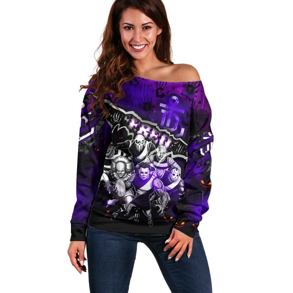 Step Into Horror Domain Freo Football Off Shoulder Sweater Halloween Horror Movie Characters - Aussie Hoodie
