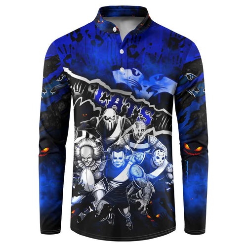 Step Into Horror Domain Cats Football Button Sweatshirt Halloween Horror Movie Characters - Aussie Hoodie