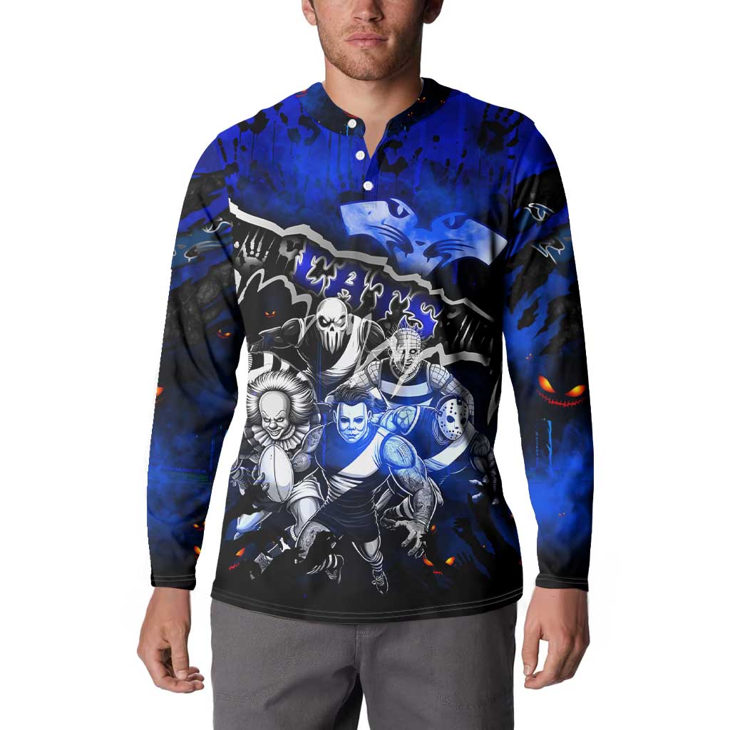 Step Into Horror Domain Cats Football Button Sweatshirt Halloween Horror Movie Characters - Aussie Hoodie