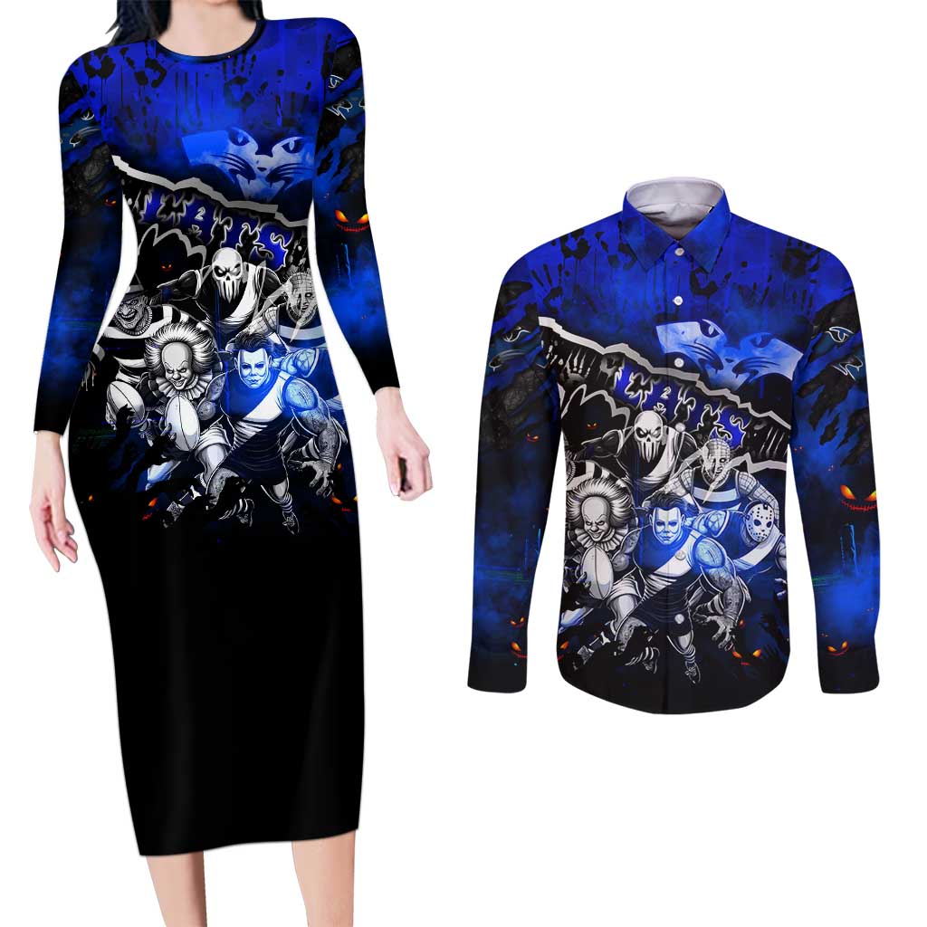 Step Into Horror Domain Cats Football Couples Matching Long Sleeve Bodycon Dress and Long Sleeve Button Shirt Halloween Horror Movie Characters - Aussie Hoodie