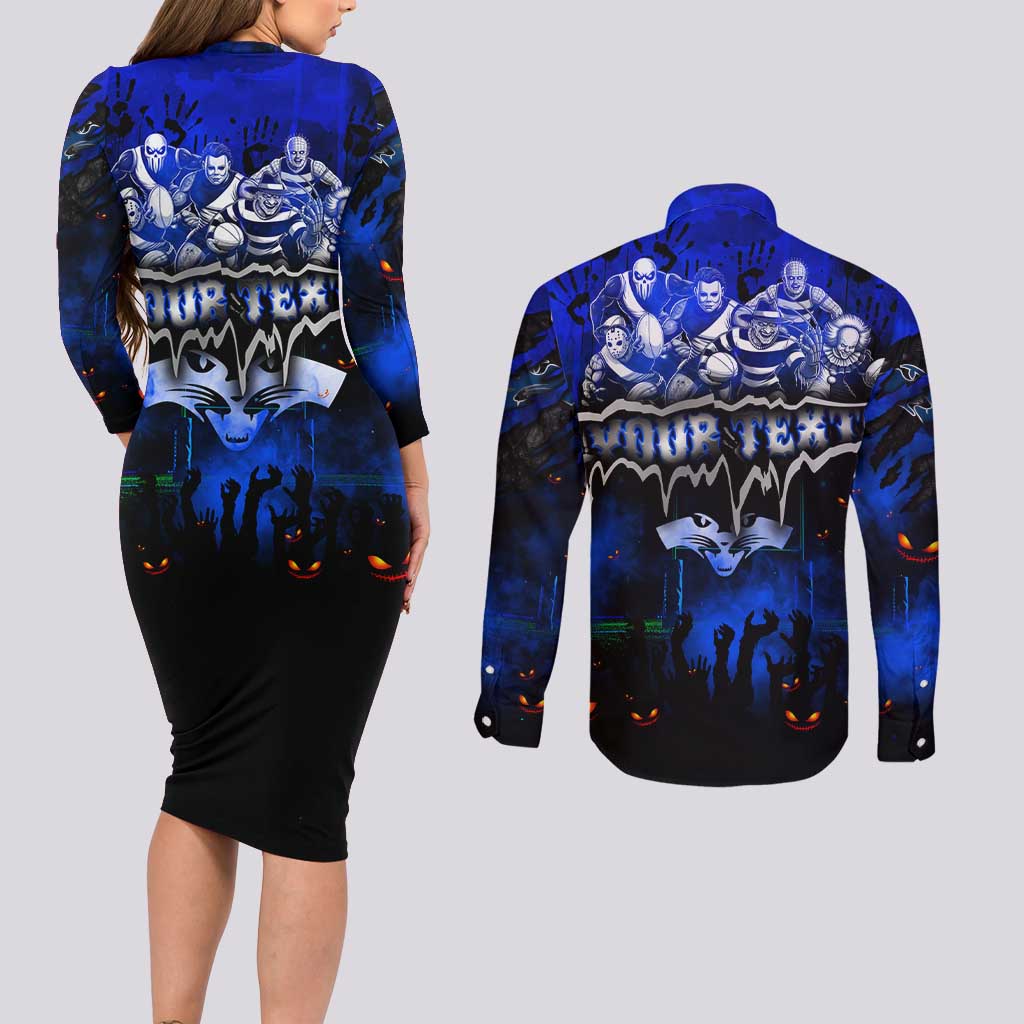 Step Into Horror Domain Cats Football Couples Matching Long Sleeve Bodycon Dress and Long Sleeve Button Shirt Halloween Horror Movie Characters - Aussie Hoodie
