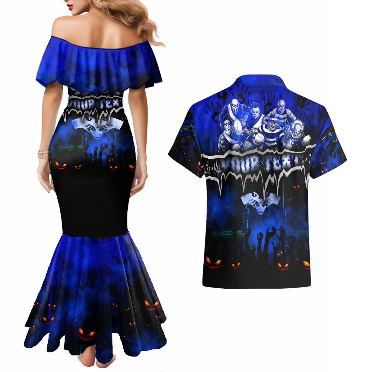 Step Into Horror Domain Cats Football Couples Matching Mermaid Dress and Hawaiian Shirt Halloween Horror Movie Characters - Aussie Hoodie