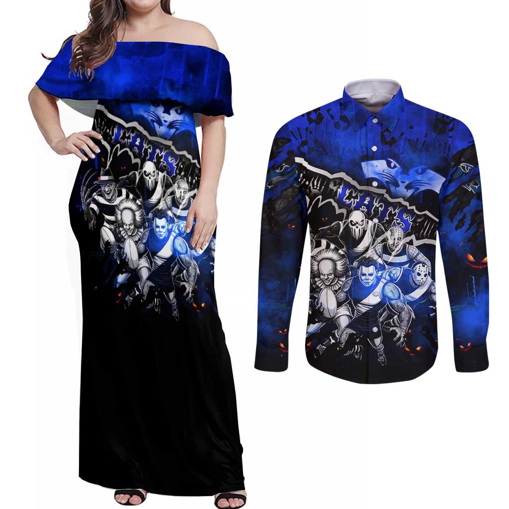 Step Into Horror Domain Cats Football Couples Matching Off Shoulder Maxi Dress and Long Sleeve Button Shirt Halloween Horror Movie Characters - Aussie Hoodie