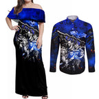Step Into Horror Domain Cats Football Couples Matching Off Shoulder Maxi Dress and Long Sleeve Button Shirt Halloween Horror Movie Characters - Aussie Hoodie
