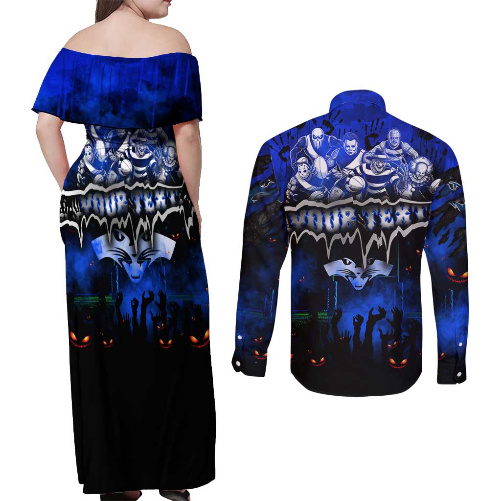 Step Into Horror Domain Cats Football Couples Matching Off Shoulder Maxi Dress and Long Sleeve Button Shirt Halloween Horror Movie Characters - Aussie Hoodie