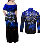 Step Into Horror Domain Cats Football Couples Matching Off Shoulder Maxi Dress and Long Sleeve Button Shirt Halloween Horror Movie Characters - Aussie Hoodie