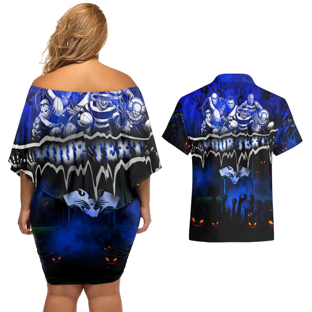 Step Into Horror Domain Cats Football Couples Matching Off Shoulder Short Dress and Hawaiian Shirt Halloween Horror Movie Characters - Aussie Hoodie
