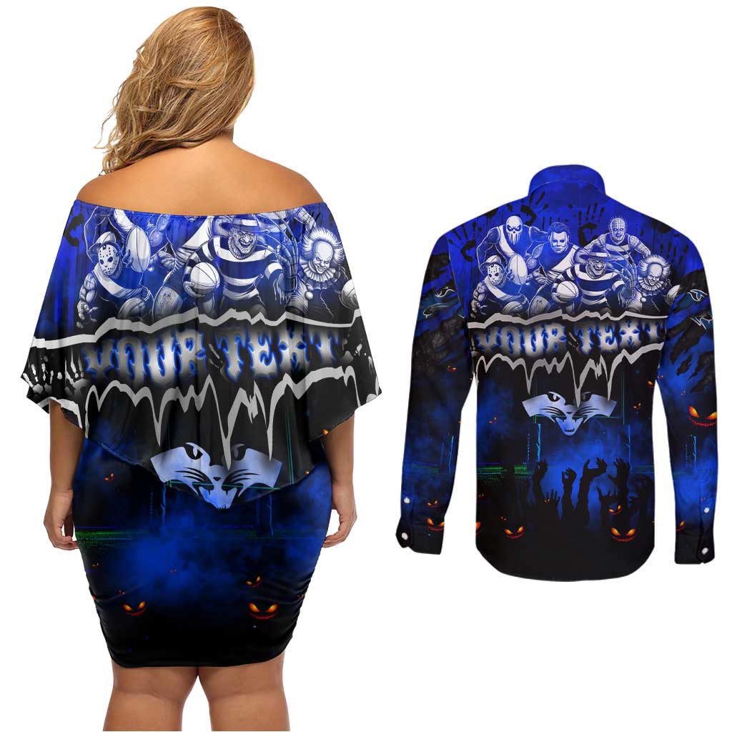 Step Into Horror Domain Cats Football Couples Matching Off Shoulder Short Dress and Long Sleeve Button Shirt Halloween Horror Movie Characters - Aussie Hoodie