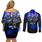 Step Into Horror Domain Cats Football Couples Matching Off Shoulder Short Dress and Long Sleeve Button Shirt Halloween Horror Movie Characters - Aussie Hoodie