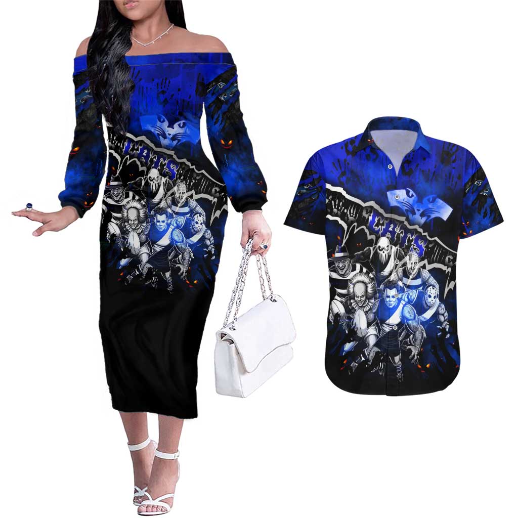 Step Into Horror Domain Cats Football Couples Matching Off The Shoulder Long Sleeve Dress and Hawaiian Shirt Halloween Horror Movie Characters - Aussie Hoodie