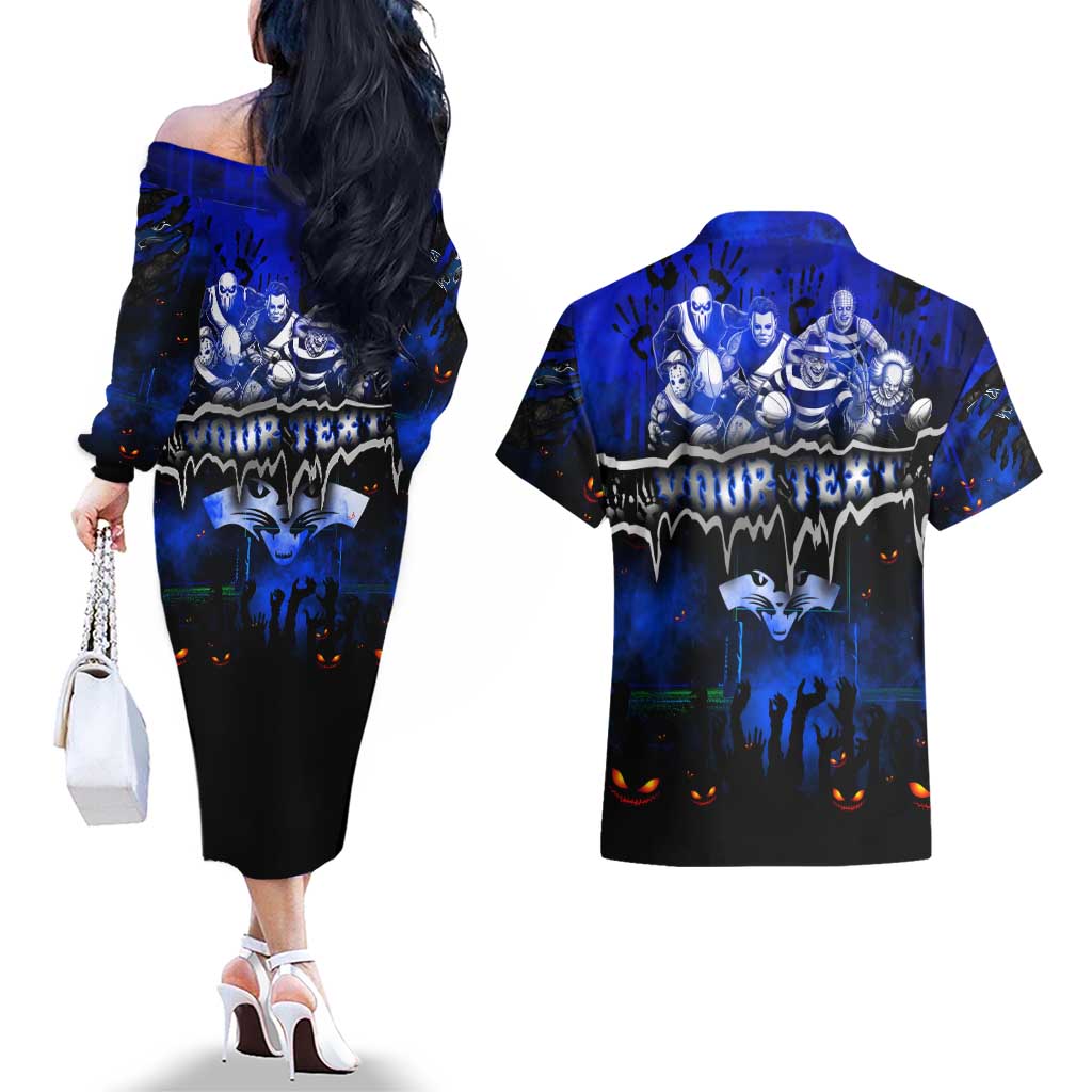 Step Into Horror Domain Cats Football Couples Matching Off The Shoulder Long Sleeve Dress and Hawaiian Shirt Halloween Horror Movie Characters - Aussie Hoodie