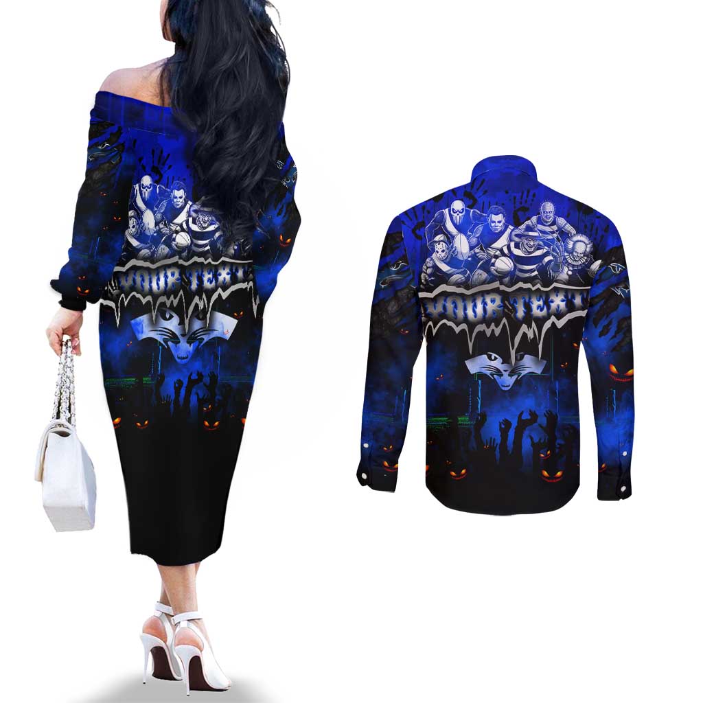 Step Into Horror Domain Cats Football Couples Matching Off The Shoulder Long Sleeve Dress and Long Sleeve Button Shirt Halloween Horror Movie Characters - Aussie Hoodie
