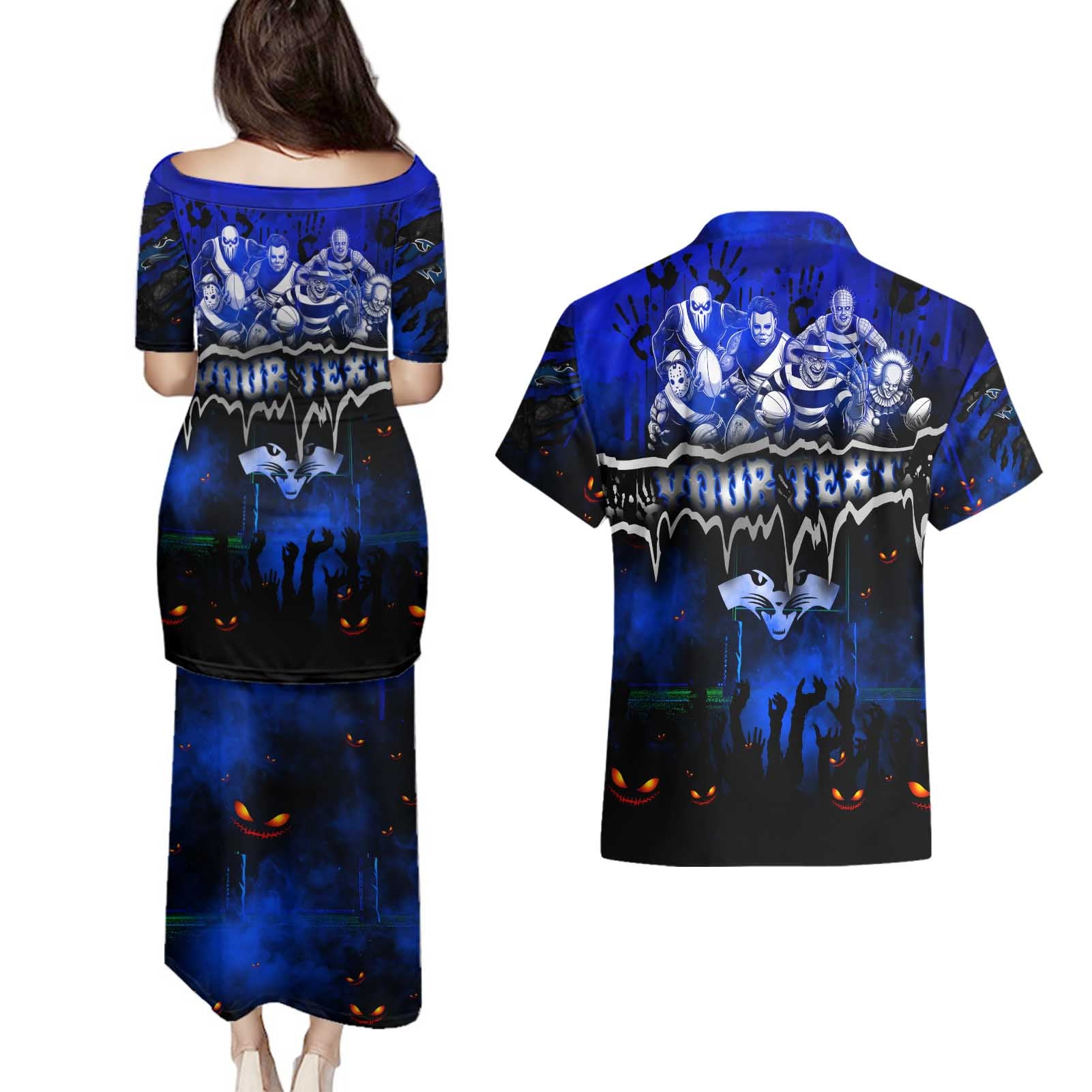 Step Into Horror Domain Cats Football Couples Matching Puletasi and Hawaiian Shirt Halloween Horror Movie Characters - Aussie Hoodie