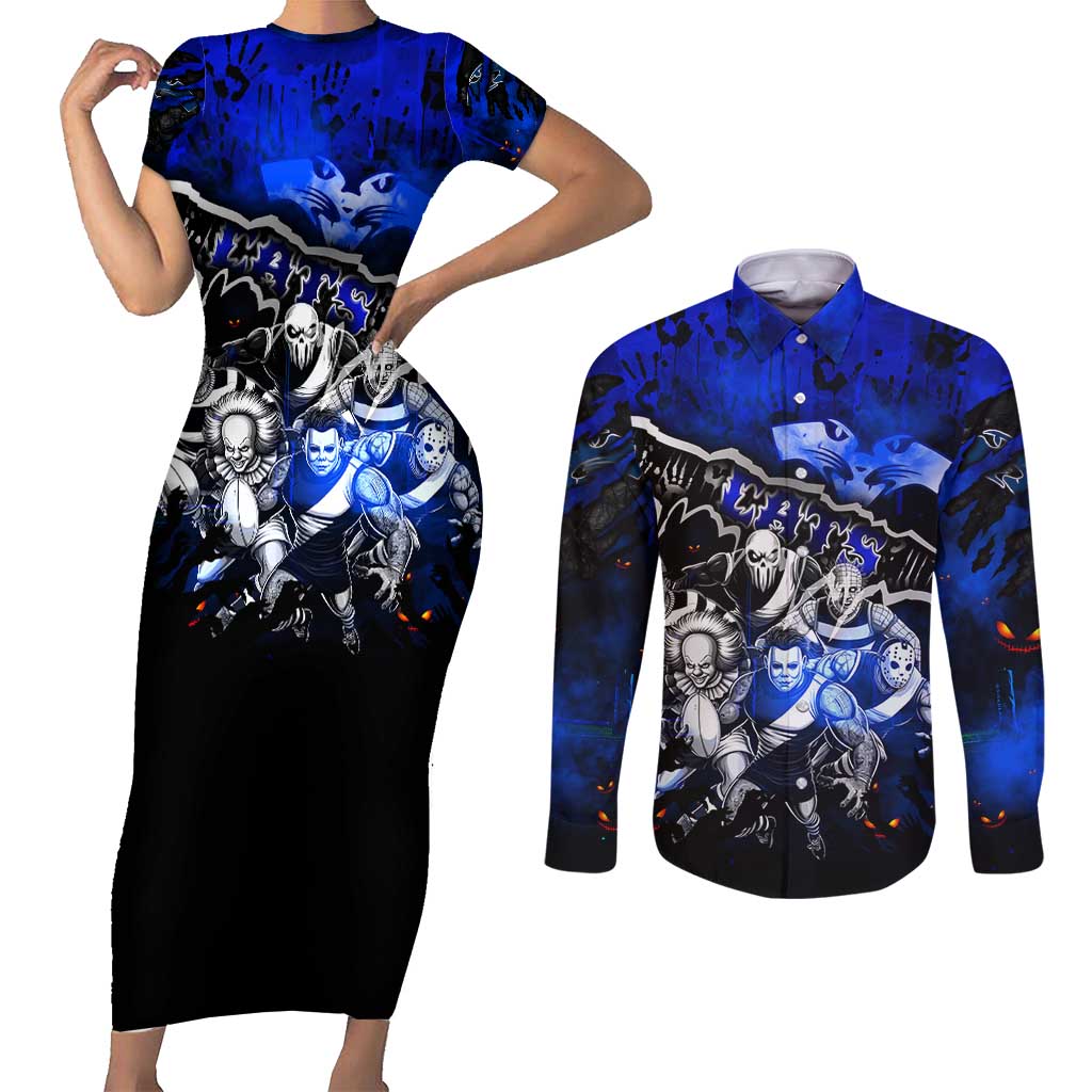 Step Into Horror Domain Cats Football Couples Matching Short Sleeve Bodycon Dress and Long Sleeve Button Shirt Halloween Horror Movie Characters - Aussie Hoodie