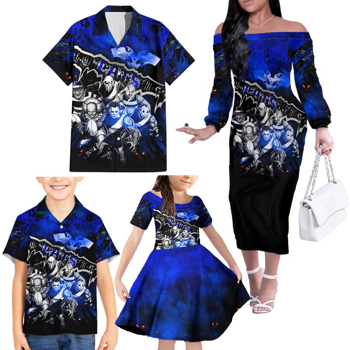 Step Into Horror Domain Cats Football Family Matching Off The Shoulder Long Sleeve Dress and Hawaiian Shirt Halloween Horror Movie Characters - Aussie Hoodie