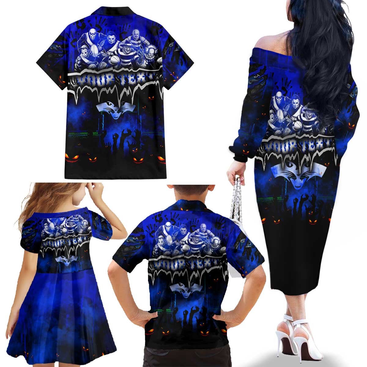 Step Into Horror Domain Cats Football Family Matching Off The Shoulder Long Sleeve Dress and Hawaiian Shirt Halloween Horror Movie Characters - Aussie Hoodie