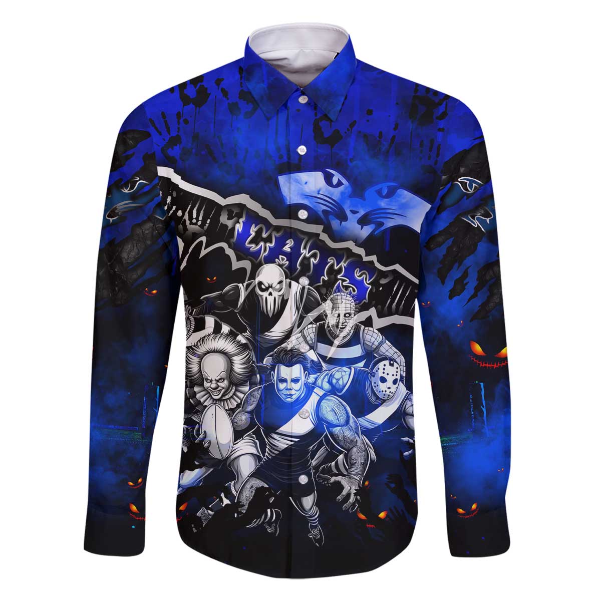 Step Into Horror Domain Cats Football Family Matching Off The Shoulder Long Sleeve Dress and Hawaiian Shirt Halloween Horror Movie Characters - Aussie Hoodie