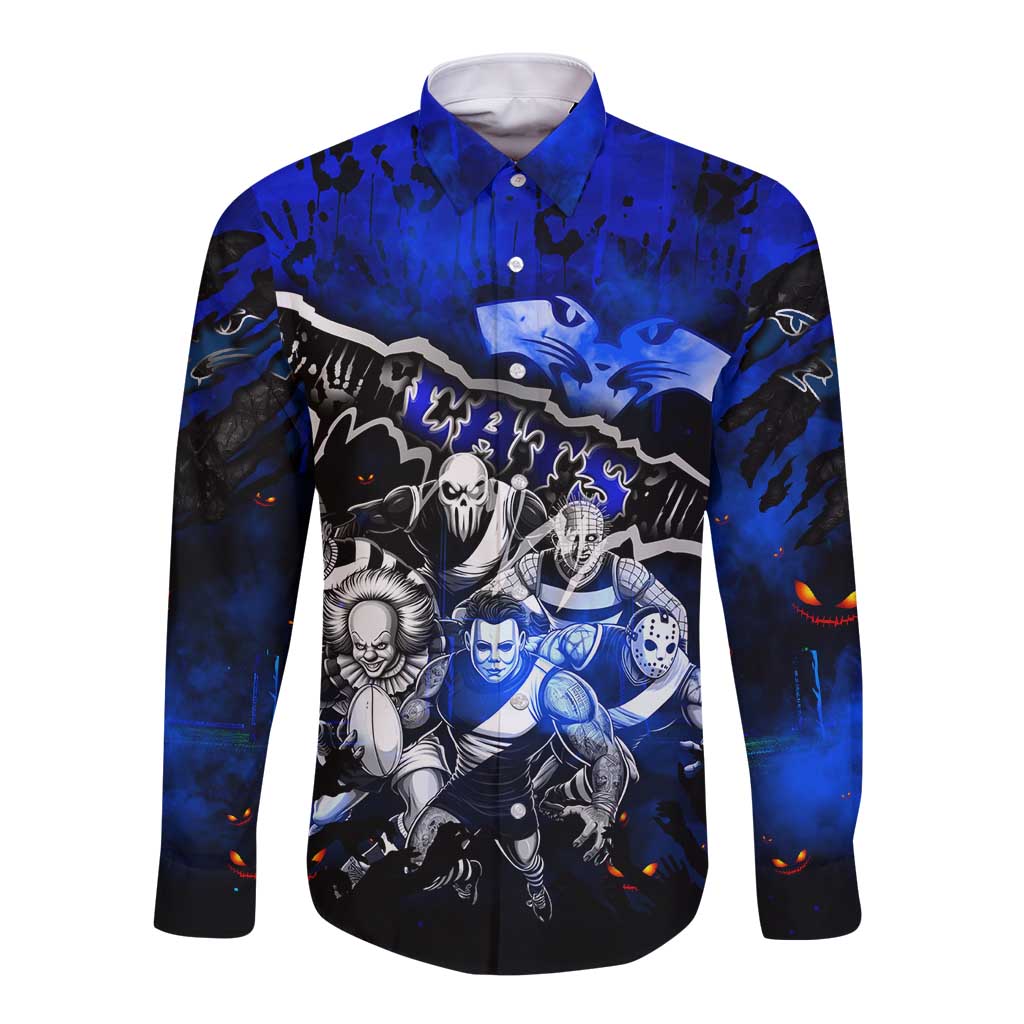 Step Into Horror Domain Cats Football Long Sleeve Button Shirt Halloween Horror Movie Characters - Aussie Hoodie