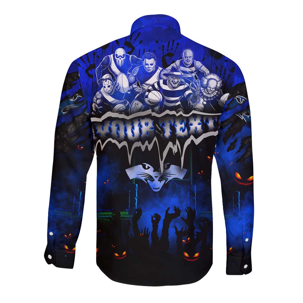 Step Into Horror Domain Cats Football Long Sleeve Button Shirt Halloween Horror Movie Characters - Aussie Hoodie