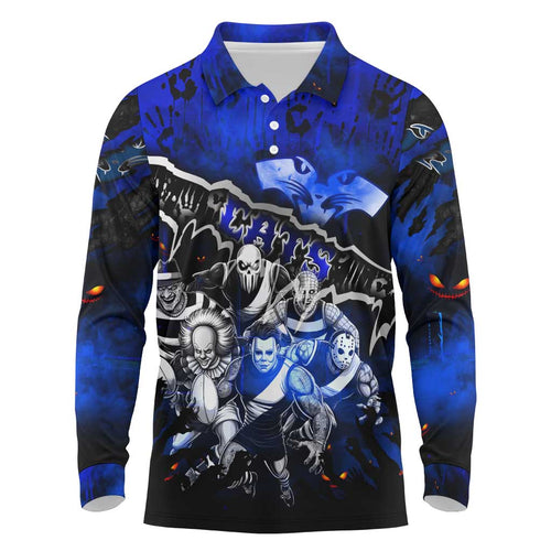 Step Into Horror Domain Cats Football Long Sleeve Polo Shirt Halloween Horror Movie Characters - Aussie Hoodie