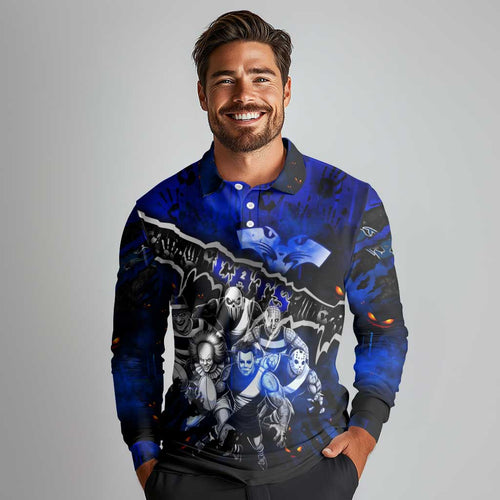 Step Into Horror Domain Cats Football Long Sleeve Polo Shirt Halloween Horror Movie Characters - Aussie Hoodie