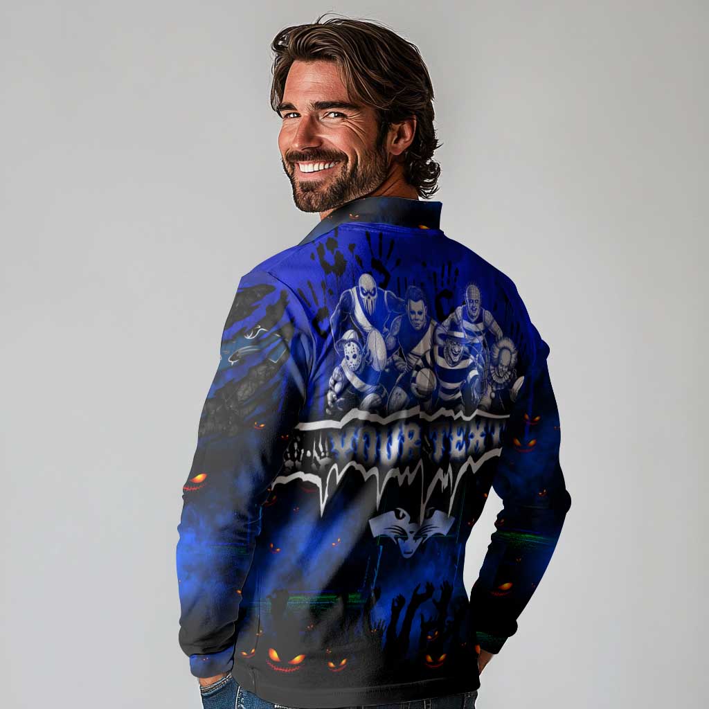 Step Into Horror Domain Cats Football Long Sleeve Polo Shirt Halloween Horror Movie Characters - Aussie Hoodie