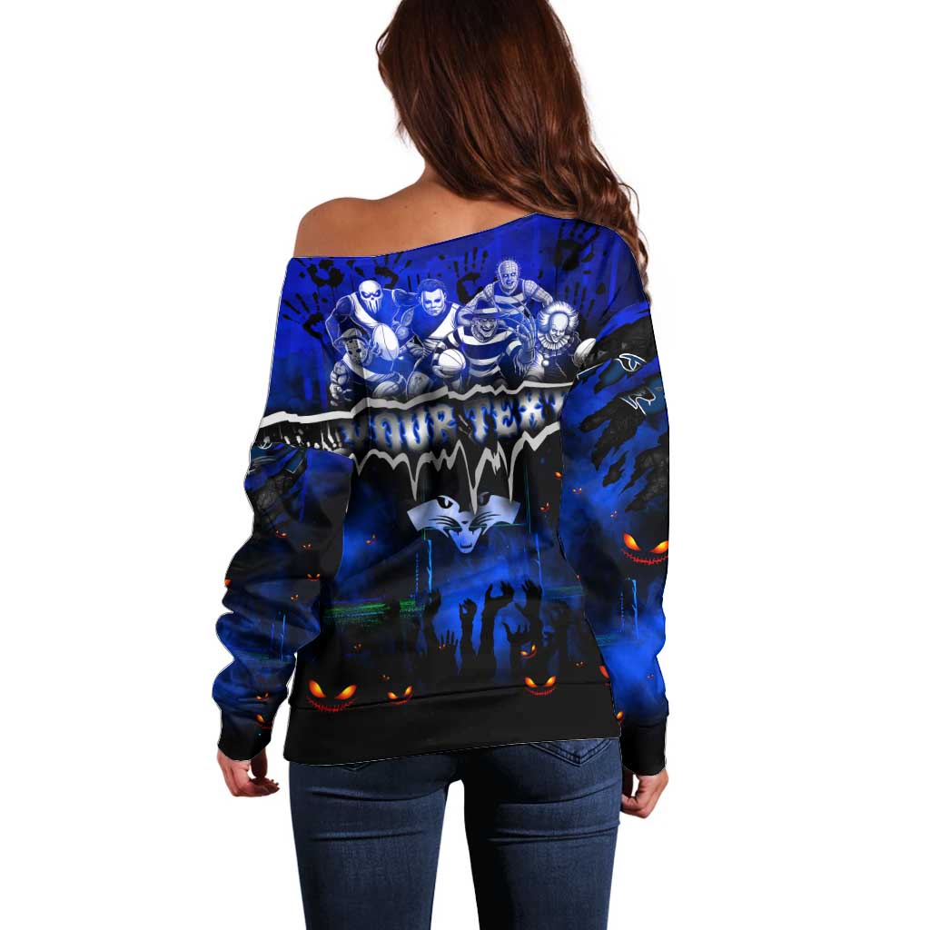 Step Into Horror Domain Cats Football Off Shoulder Sweater Halloween Horror Movie Characters - Aussie Hoodie
