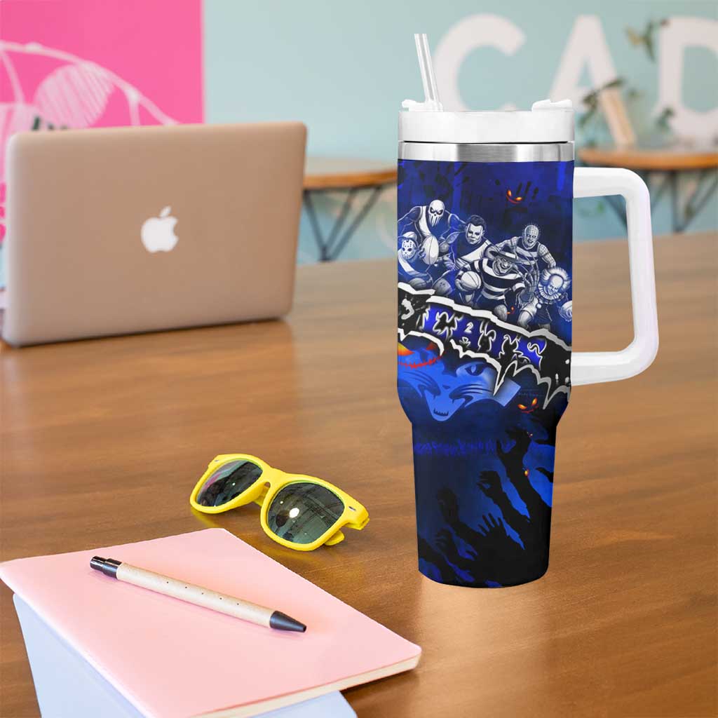Step Into Horror Domain Cats Football Tumbler With Handle Halloween Horror Movie Characters - Aussie Hoodie