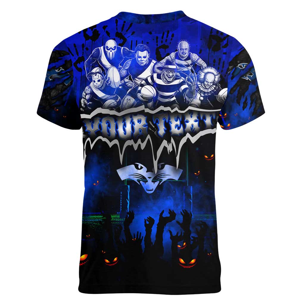 Step Into Horror Domain Cats Football Women V-Neck T-Shirt Halloween Horror Movie Characters - Aussie Hoodie