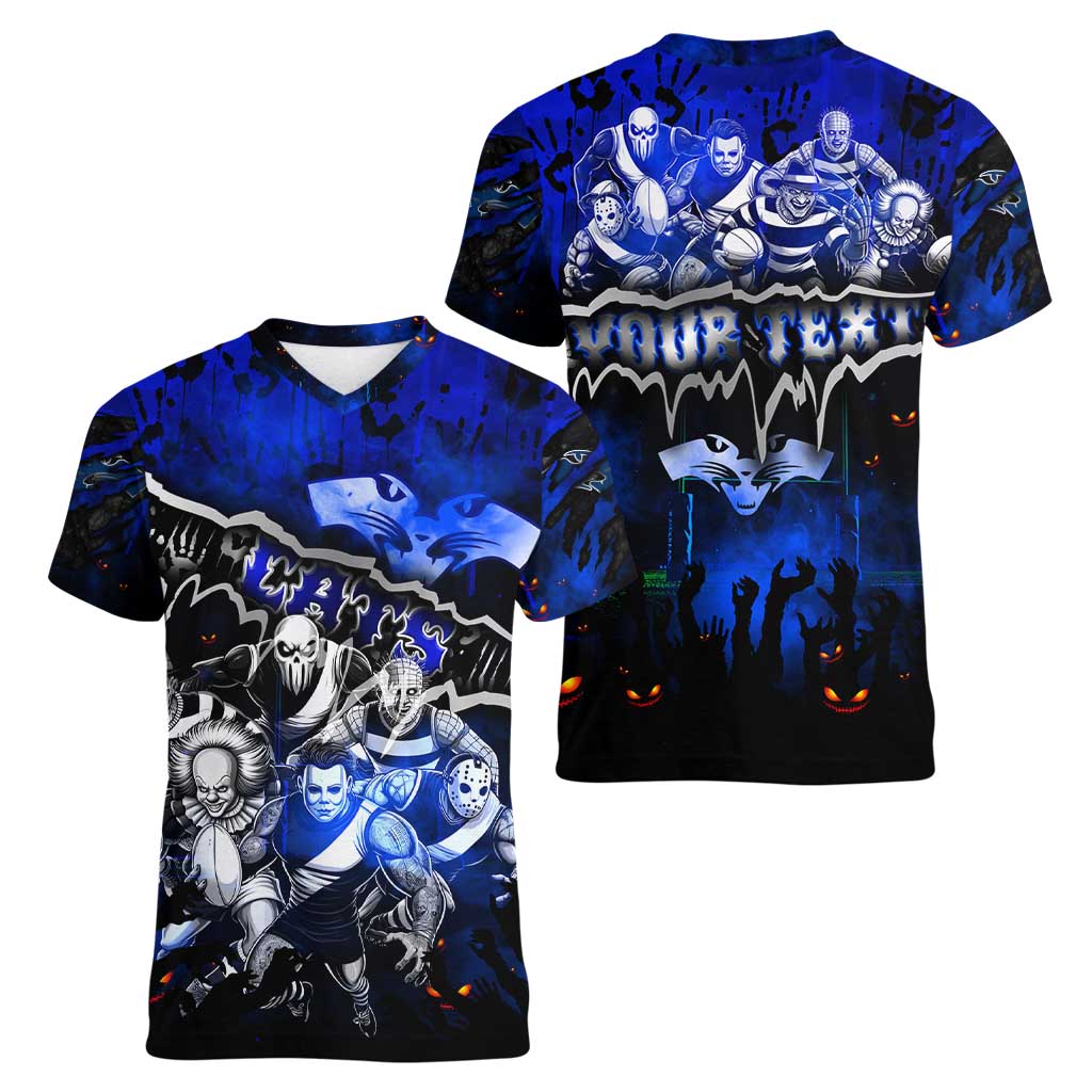 Step Into Horror Domain Cats Football Women V-Neck T-Shirt Halloween Horror Movie Characters - Aussie Hoodie