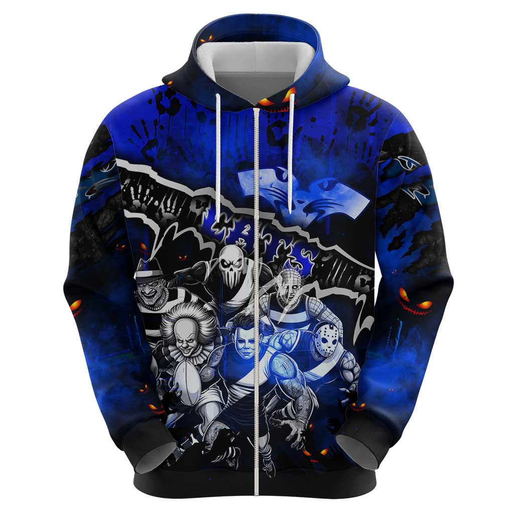 Step Into Horror Domain Cats Football Zip Hoodie Halloween Horror Movie Characters - Aussie Hoodie