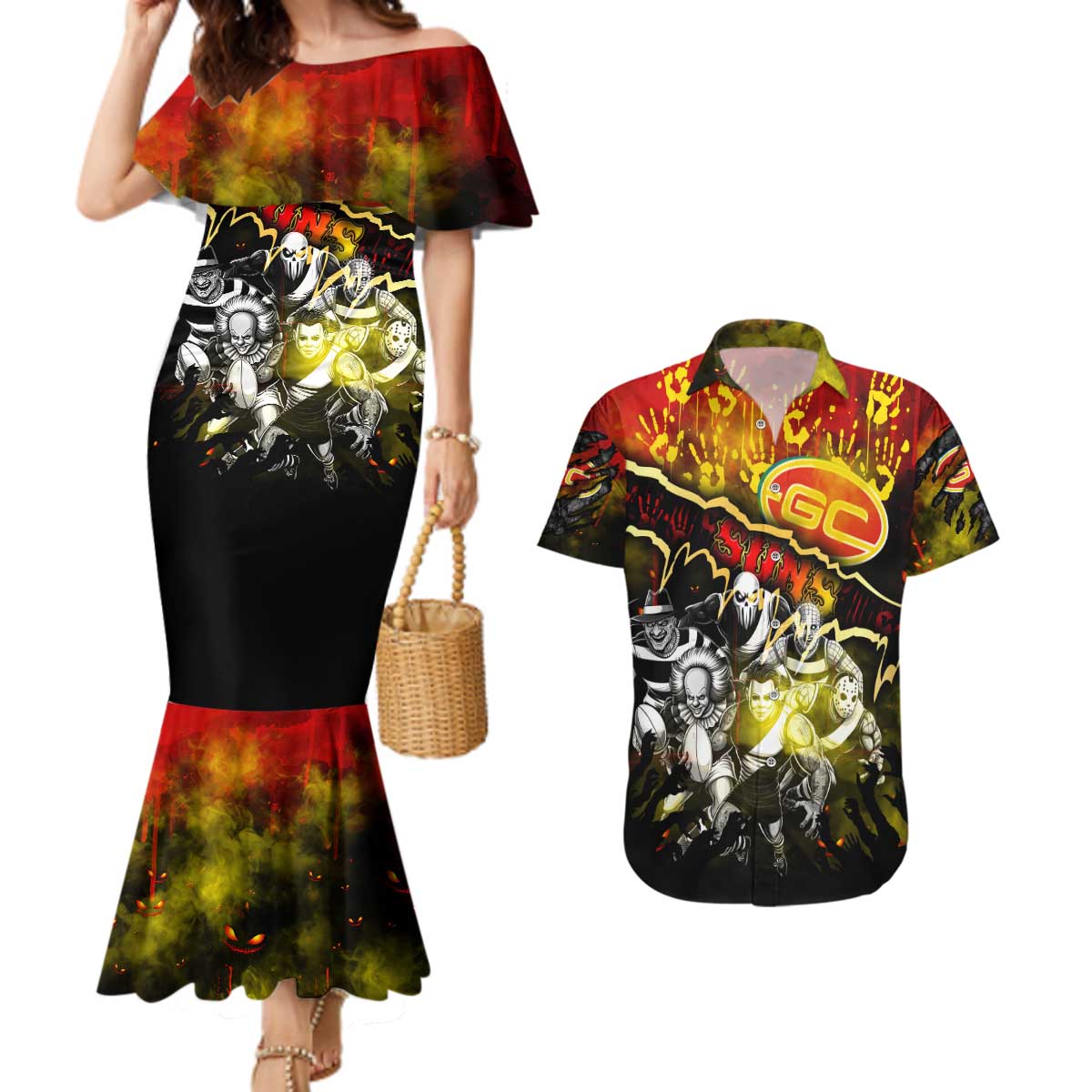 Step Into Horror Domain Suns Football Couples Matching Mermaid Dress and Hawaiian Shirt Halloween Horror Movie Characters - Aussie Hoodie