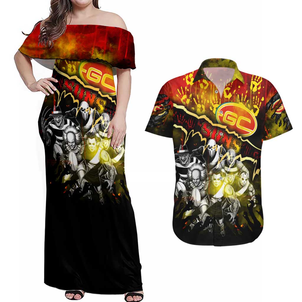 Step Into Horror Domain Suns Football Couples Matching Off Shoulder Maxi Dress and Hawaiian Shirt Halloween Horror Movie Characters - Aussie Hoodie