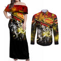 Step Into Horror Domain Suns Football Couples Matching Off Shoulder Maxi Dress and Long Sleeve Button Shirt Halloween Horror Movie Characters - Aussie Hoodie