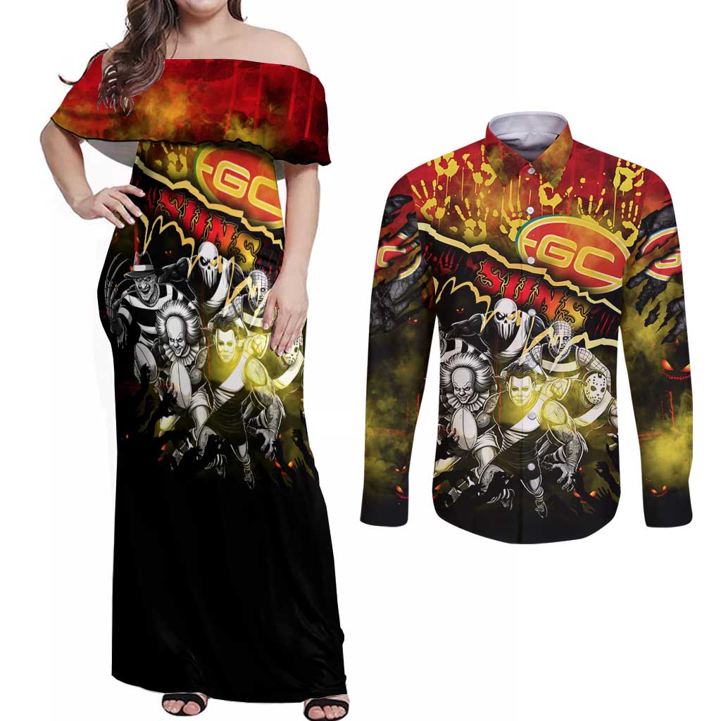 Step Into Horror Domain Suns Football Couples Matching Off Shoulder Maxi Dress and Long Sleeve Button Shirt Halloween Horror Movie Characters - Aussie Hoodie