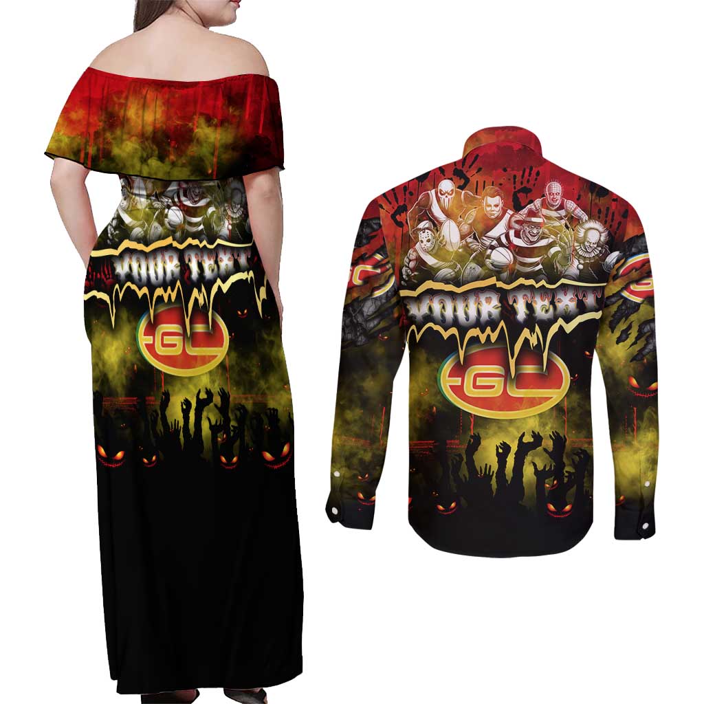 Step Into Horror Domain Suns Football Couples Matching Off Shoulder Maxi Dress and Long Sleeve Button Shirt Halloween Horror Movie Characters - Aussie Hoodie