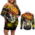 Step Into Horror Domain Suns Football Couples Matching Off Shoulder Short Dress and Long Sleeve Button Shirt Halloween Horror Movie Characters - Aussie Hoodie
