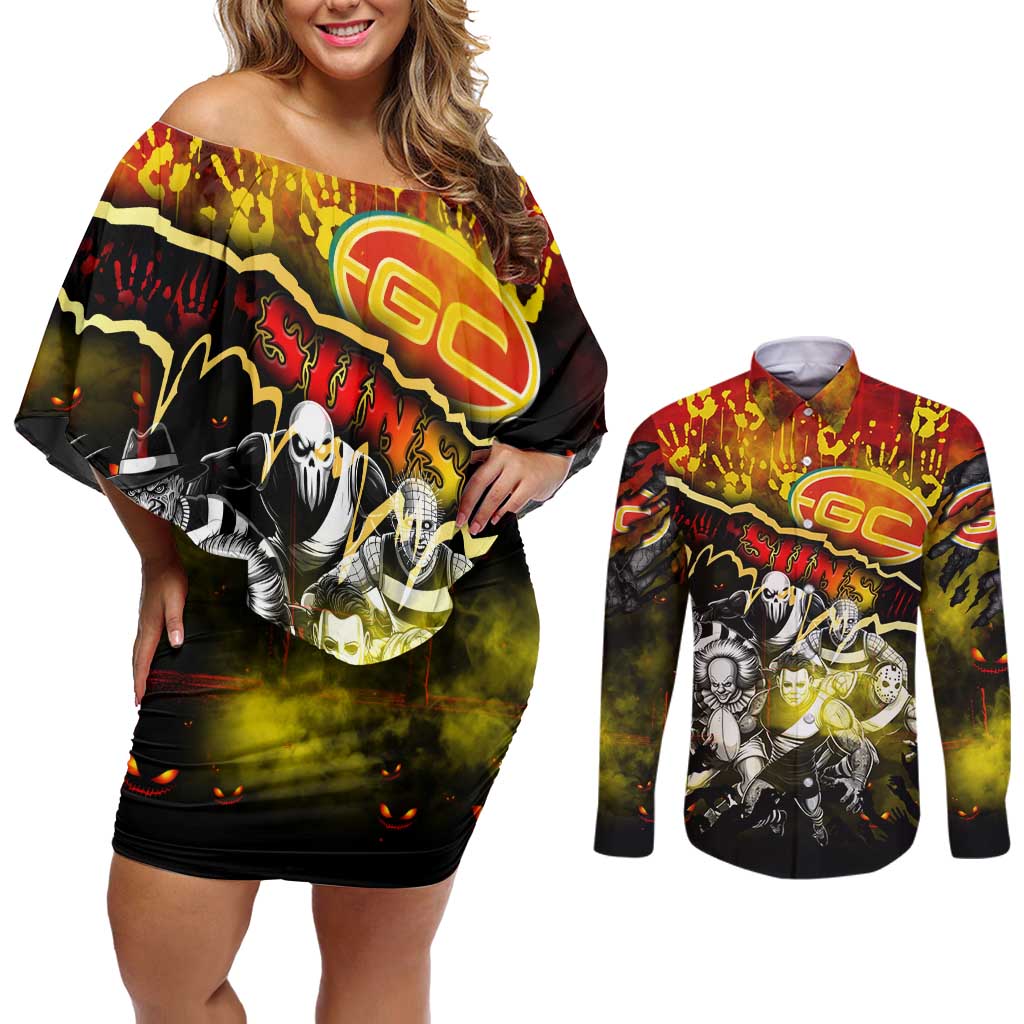 Step Into Horror Domain Suns Football Couples Matching Off Shoulder Short Dress and Long Sleeve Button Shirt Halloween Horror Movie Characters - Aussie Hoodie