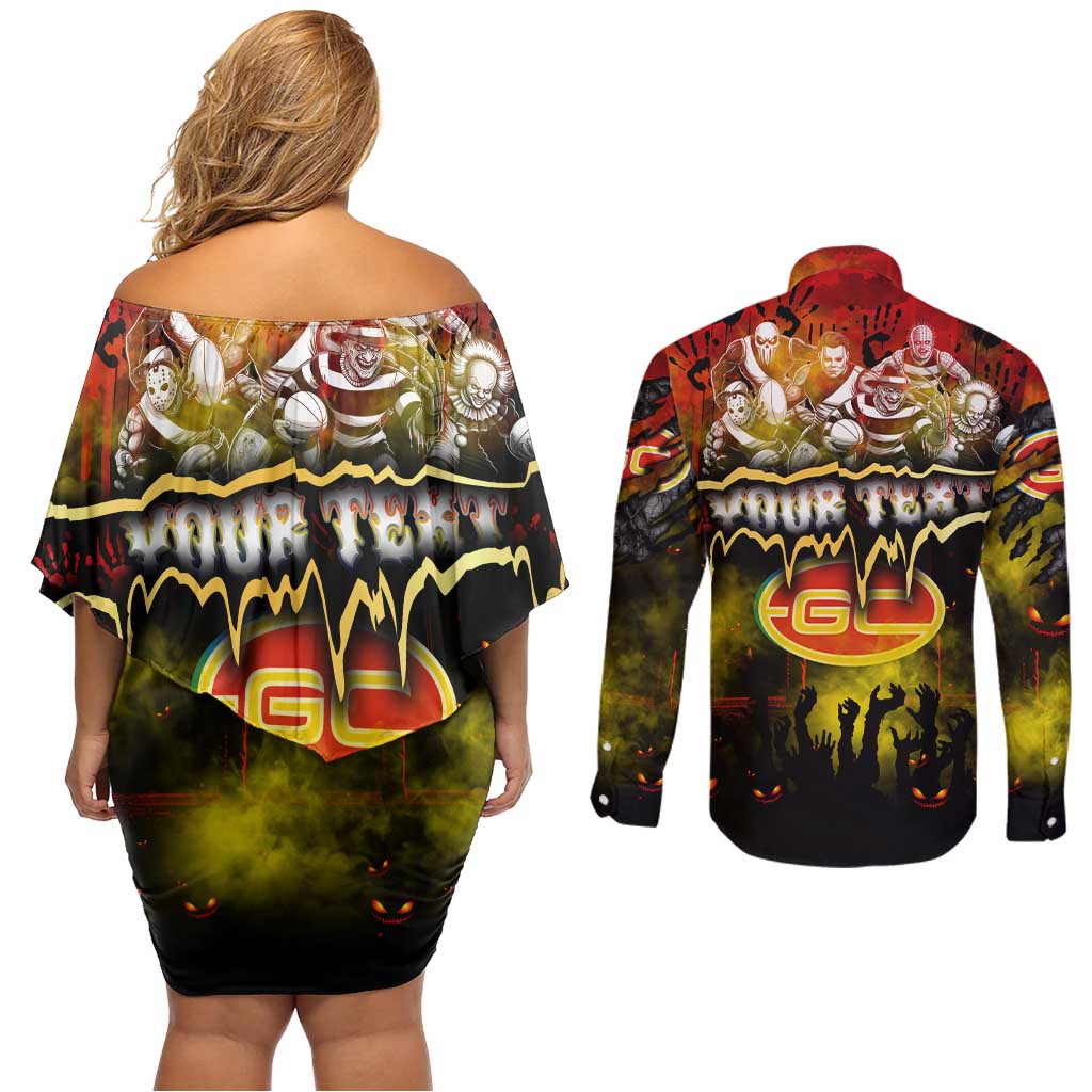 Step Into Horror Domain Suns Football Couples Matching Off Shoulder Short Dress and Long Sleeve Button Shirt Halloween Horror Movie Characters - Aussie Hoodie