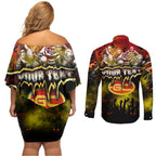 Step Into Horror Domain Suns Football Couples Matching Off Shoulder Short Dress and Long Sleeve Button Shirt Halloween Horror Movie Characters - Aussie Hoodie