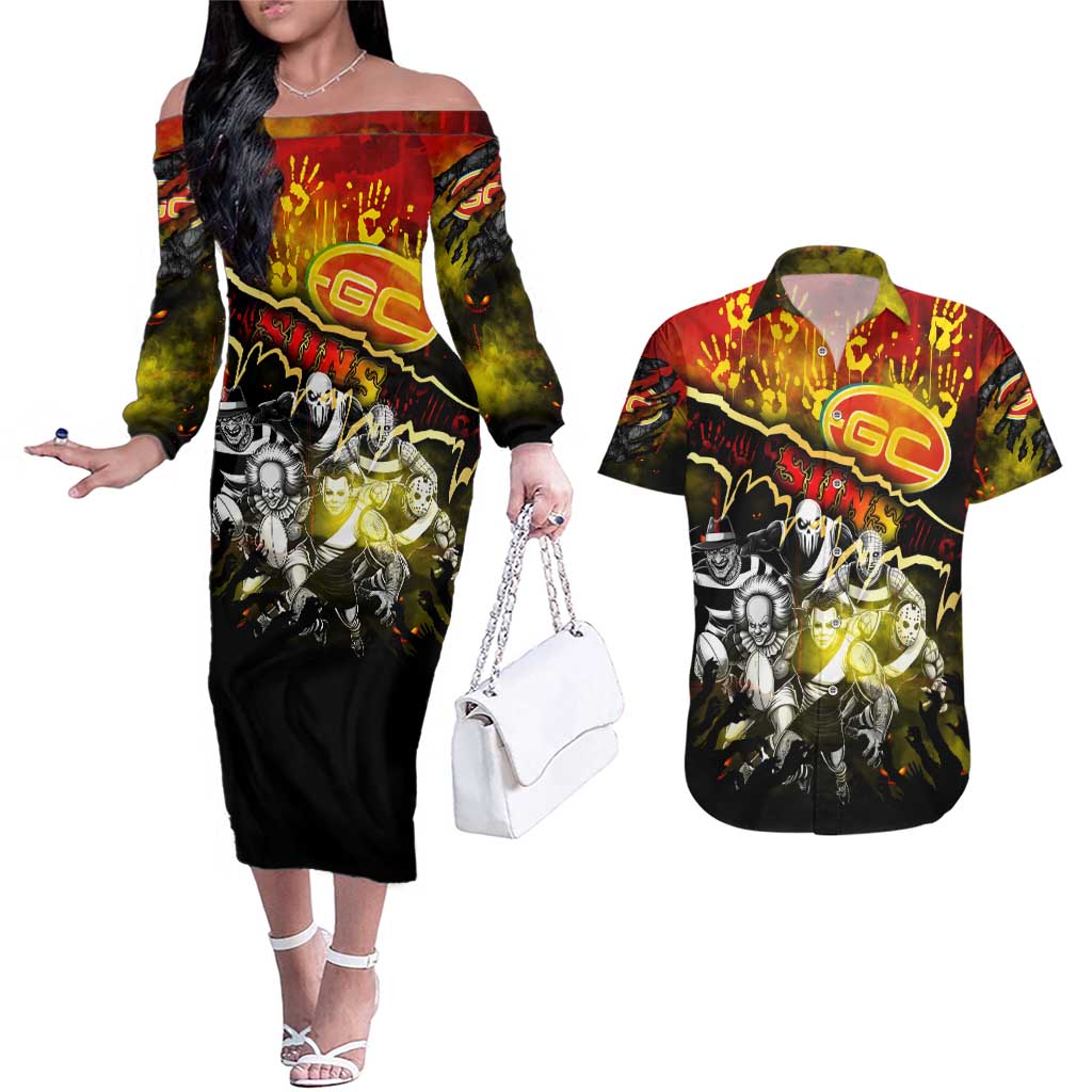 Step Into Horror Domain Suns Football Couples Matching Off The Shoulder Long Sleeve Dress and Hawaiian Shirt Halloween Horror Movie Characters - Aussie Hoodie