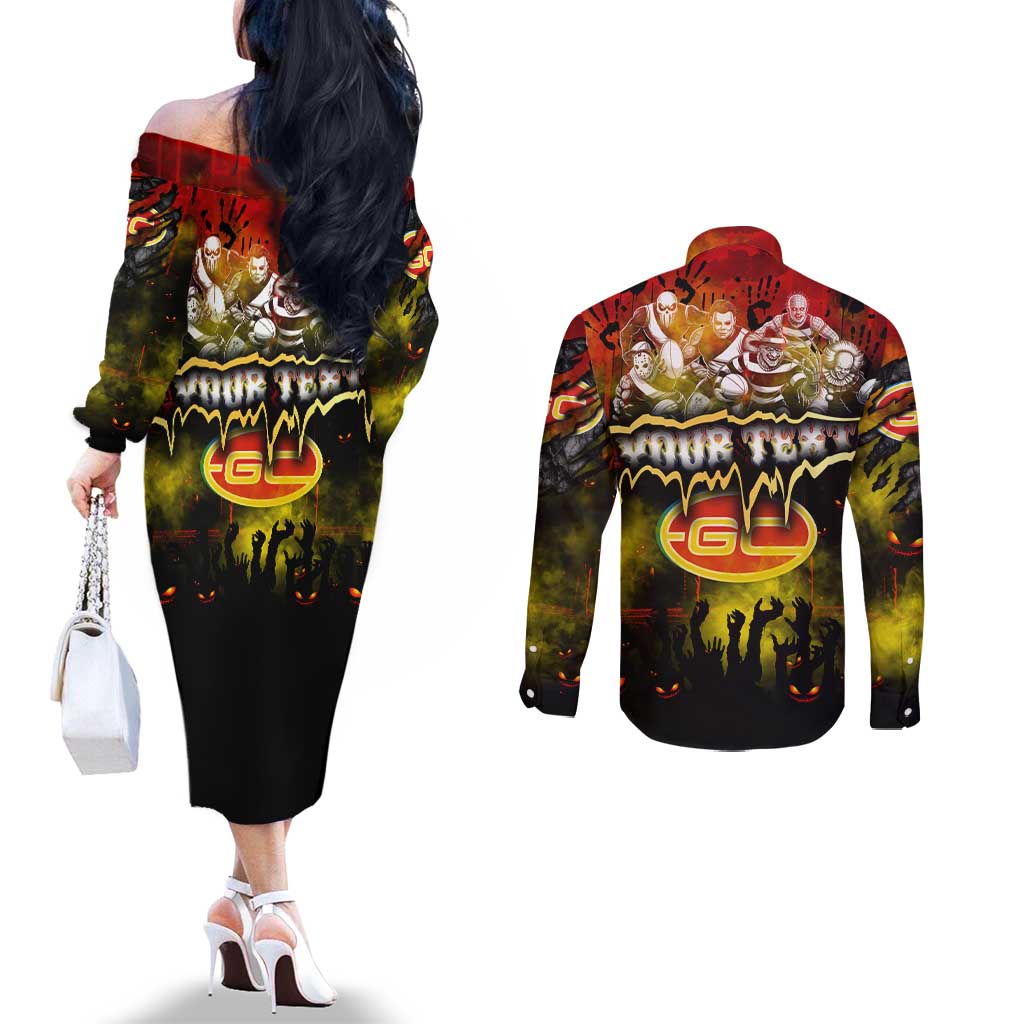 Step Into Horror Domain Suns Football Couples Matching Off The Shoulder Long Sleeve Dress and Long Sleeve Button Shirt Halloween Horror Movie Characters - Aussie Hoodie