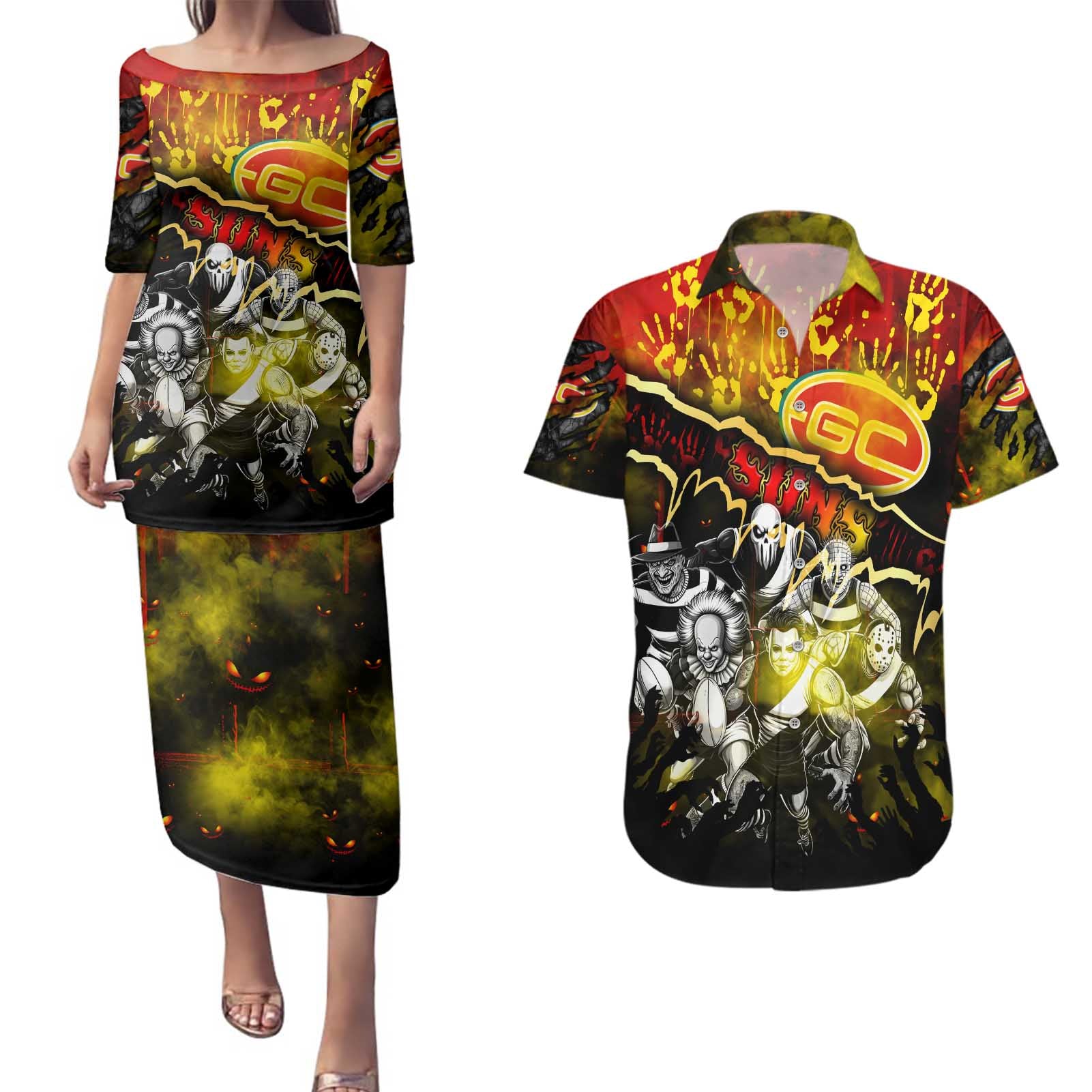 Step Into Horror Domain Suns Football Couples Matching Puletasi and Hawaiian Shirt Halloween Horror Movie Characters - Aussie Hoodie