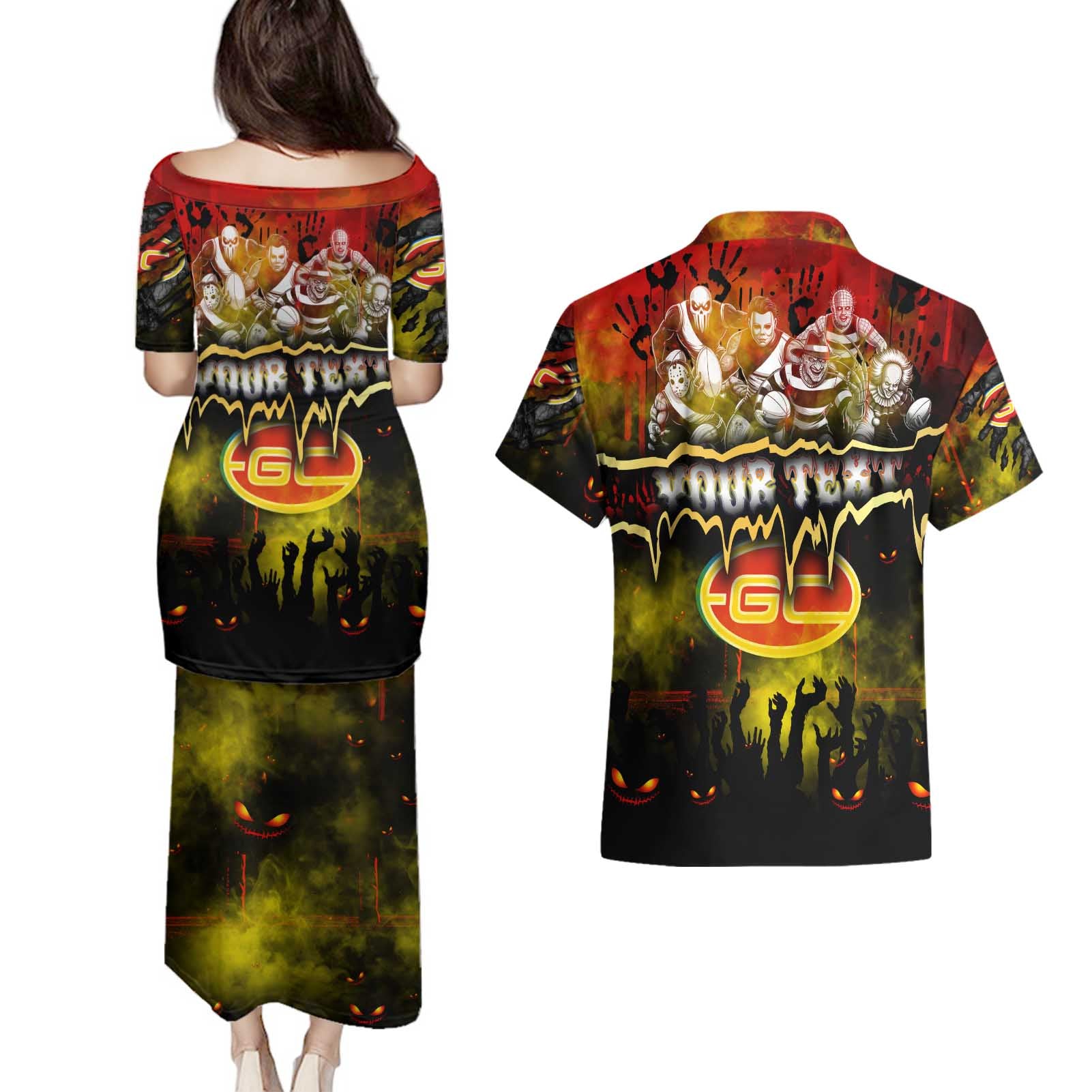 Step Into Horror Domain Suns Football Couples Matching Puletasi and Hawaiian Shirt Halloween Horror Movie Characters - Aussie Hoodie