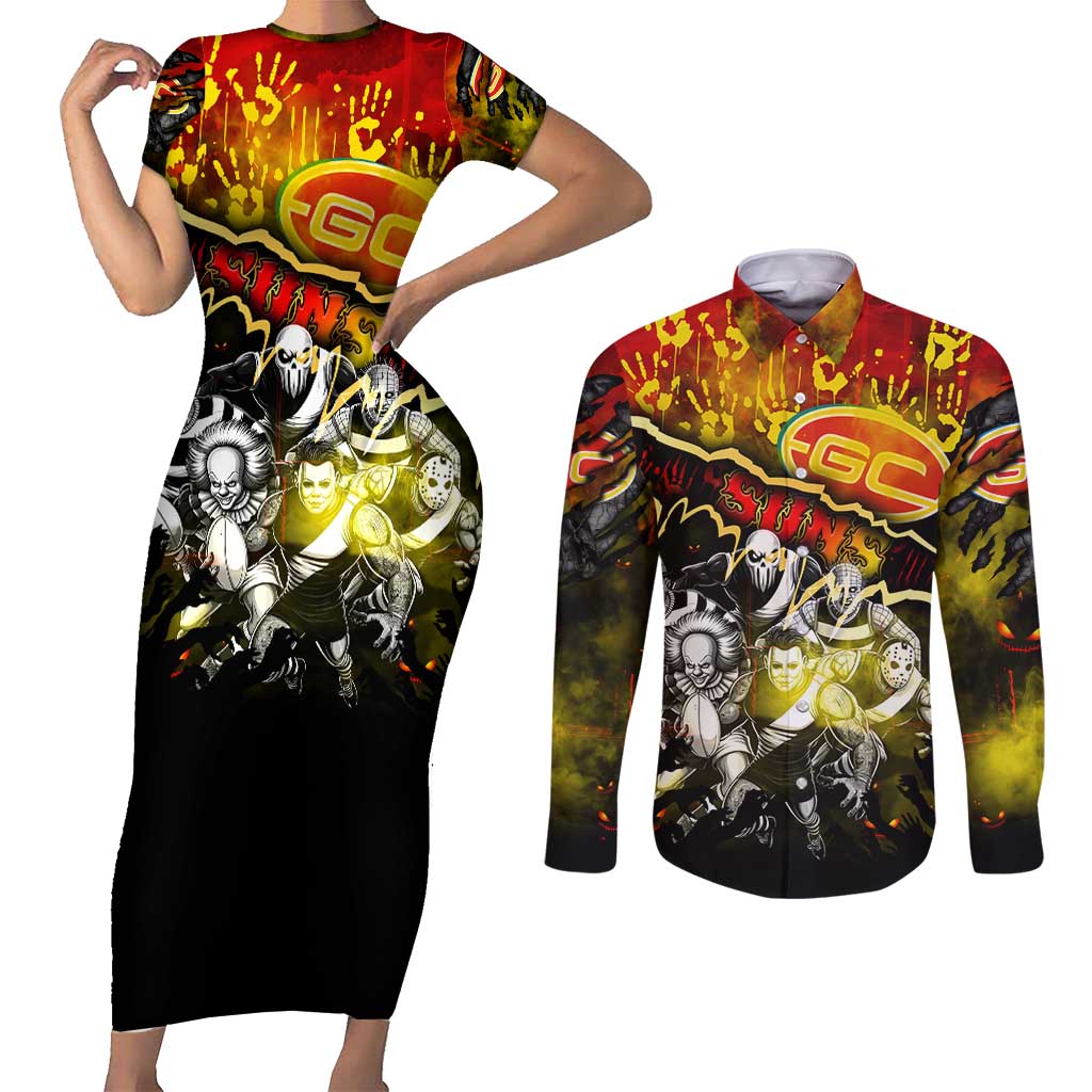 Step Into Horror Domain Suns Football Couples Matching Short Sleeve Bodycon Dress and Long Sleeve Button Shirt Halloween Horror Movie Characters - Aussie Hoodie