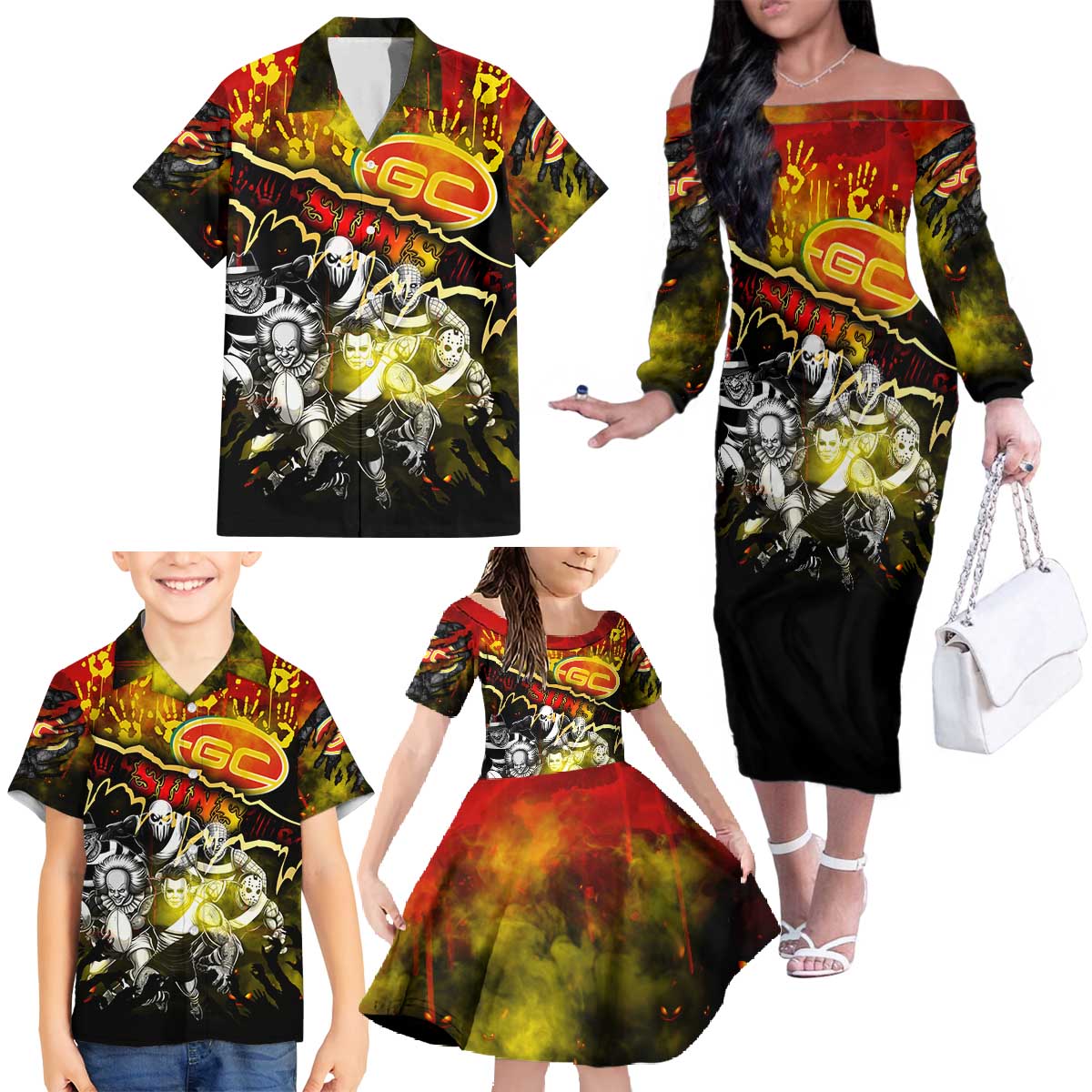 Step Into Horror Domain Suns Football Family Matching Off The Shoulder Long Sleeve Dress and Hawaiian Shirt Halloween Horror Movie Characters - Aussie Hoodie