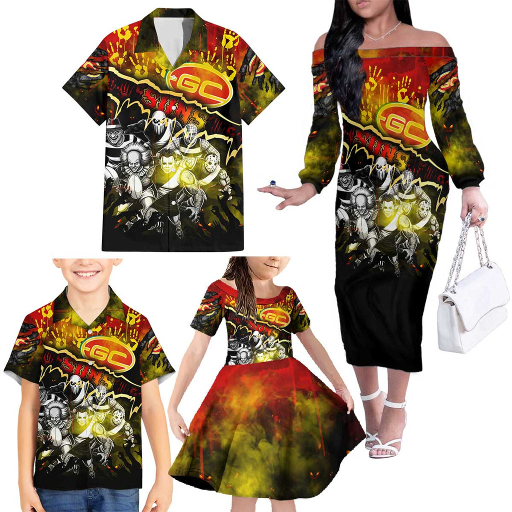 Step Into Horror Domain Suns Football Family Matching Off The Shoulder Long Sleeve Dress and Hawaiian Shirt Halloween Horror Movie Characters - Aussie Hoodie