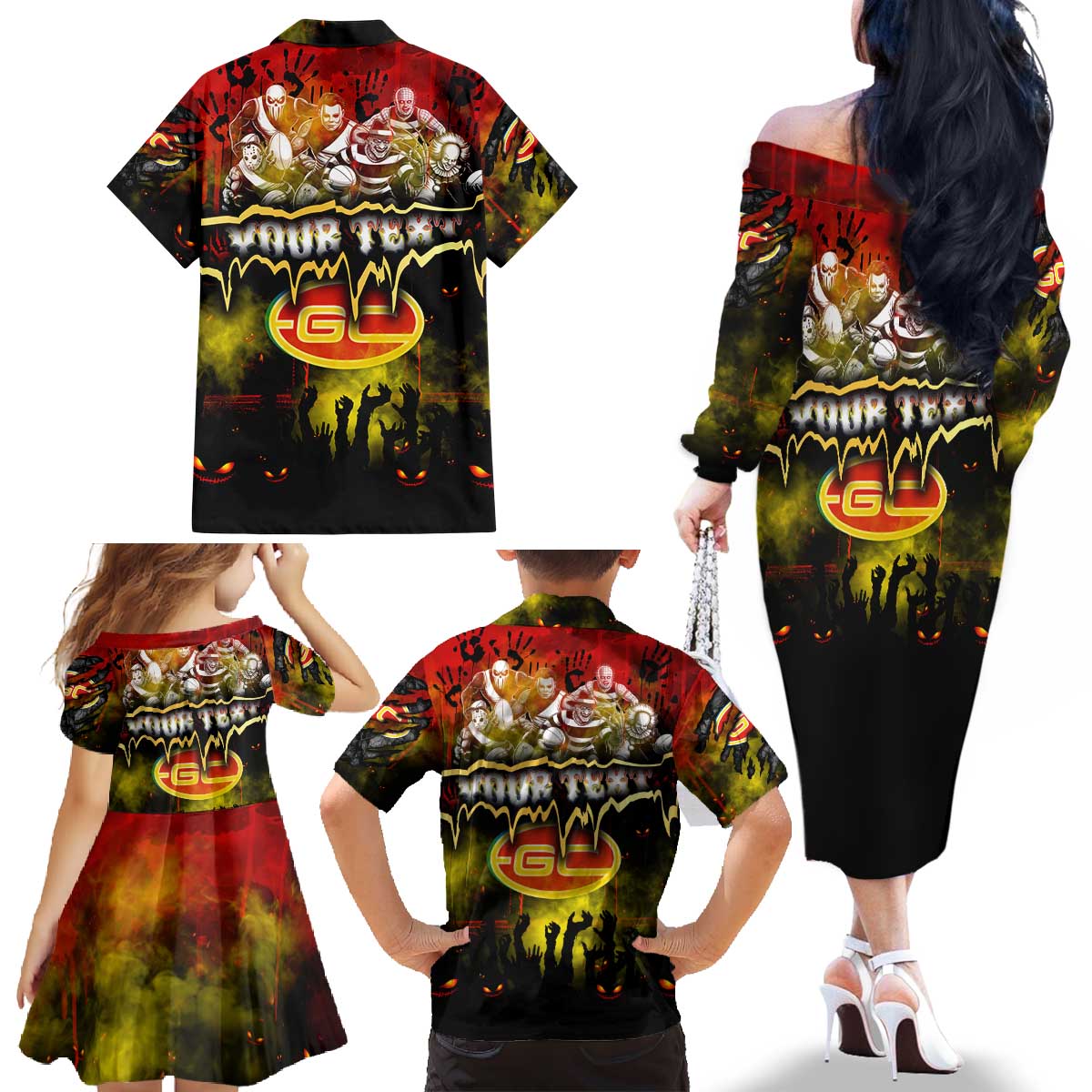 Step Into Horror Domain Suns Football Family Matching Off The Shoulder Long Sleeve Dress and Hawaiian Shirt Halloween Horror Movie Characters - Aussie Hoodie