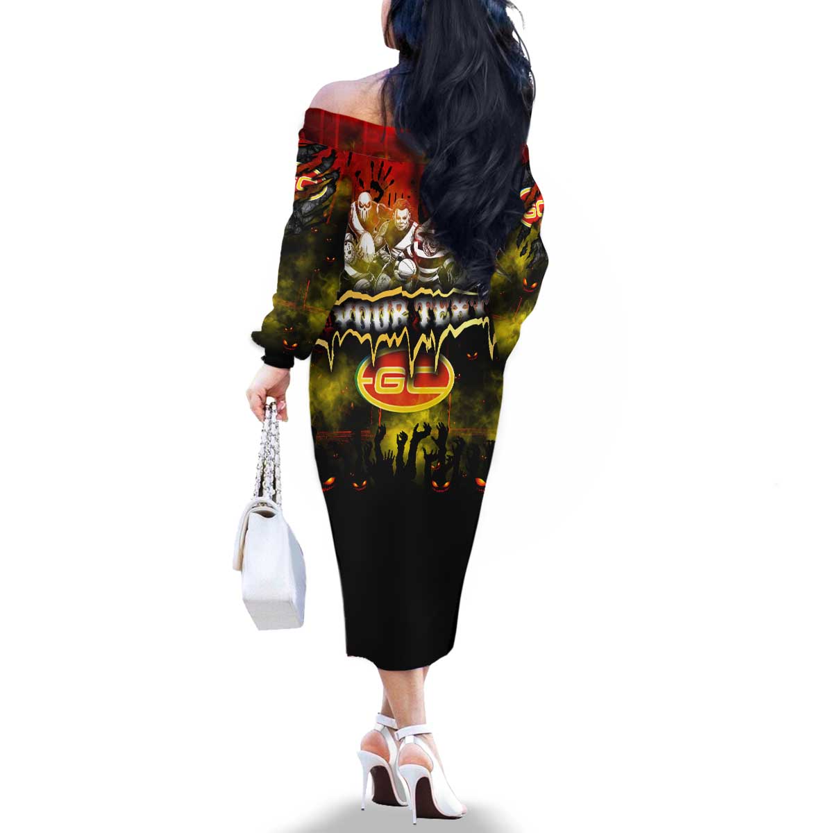 Step Into Horror Domain Suns Football Family Matching Off The Shoulder Long Sleeve Dress and Hawaiian Shirt Halloween Horror Movie Characters - Aussie Hoodie