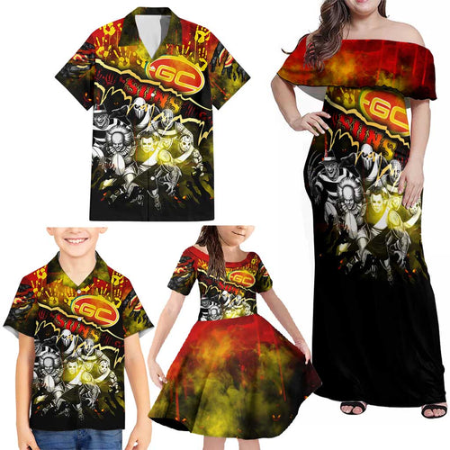 Step Into Horror Domain Suns Football Family Matching Off Shoulder Maxi Dress and Hawaiian Shirt Halloween Horror Movie Characters - Aussie Hoodie